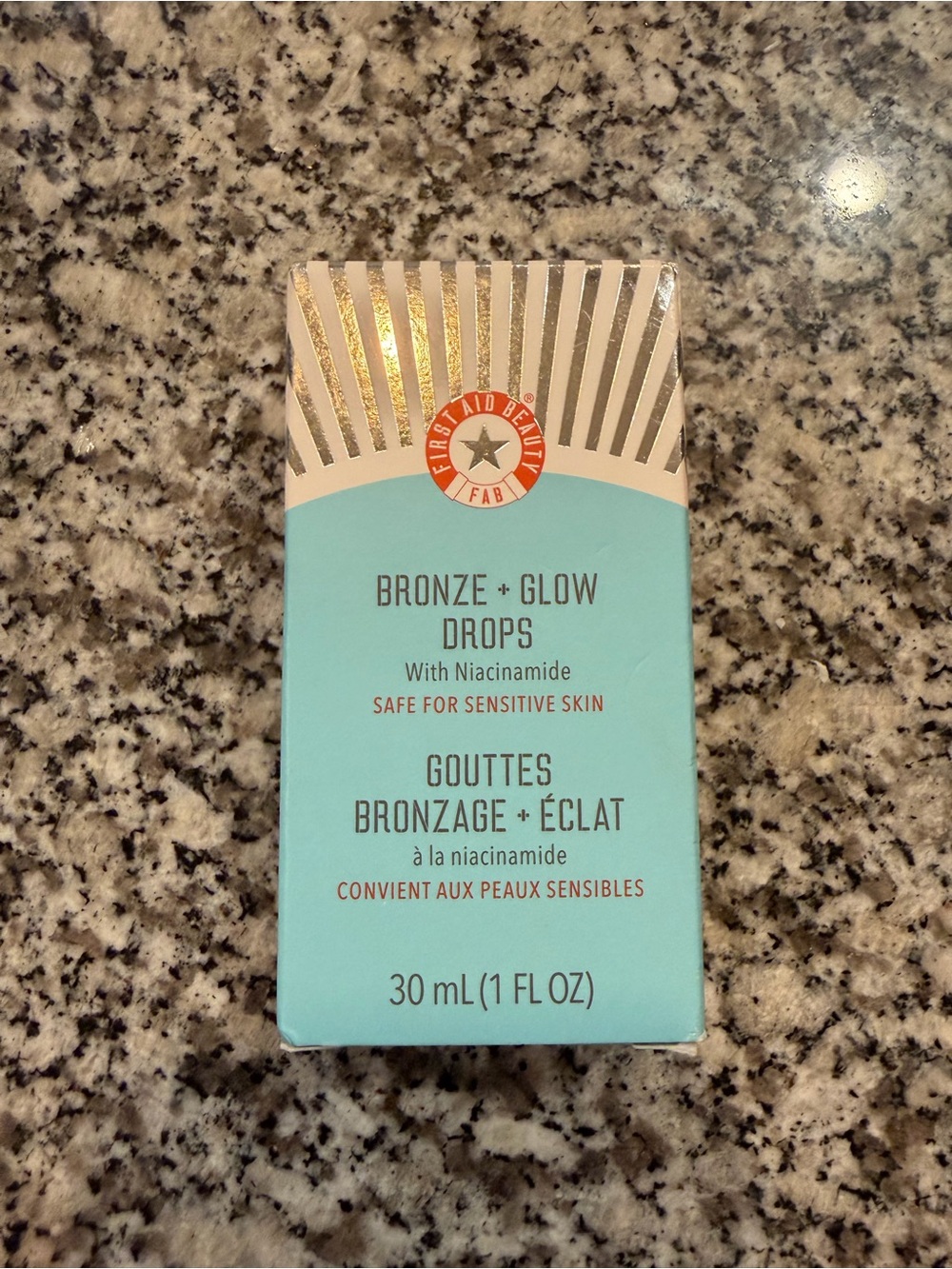First Aid Beauty Bronze + Glow Drops — Aqua and Gold Box